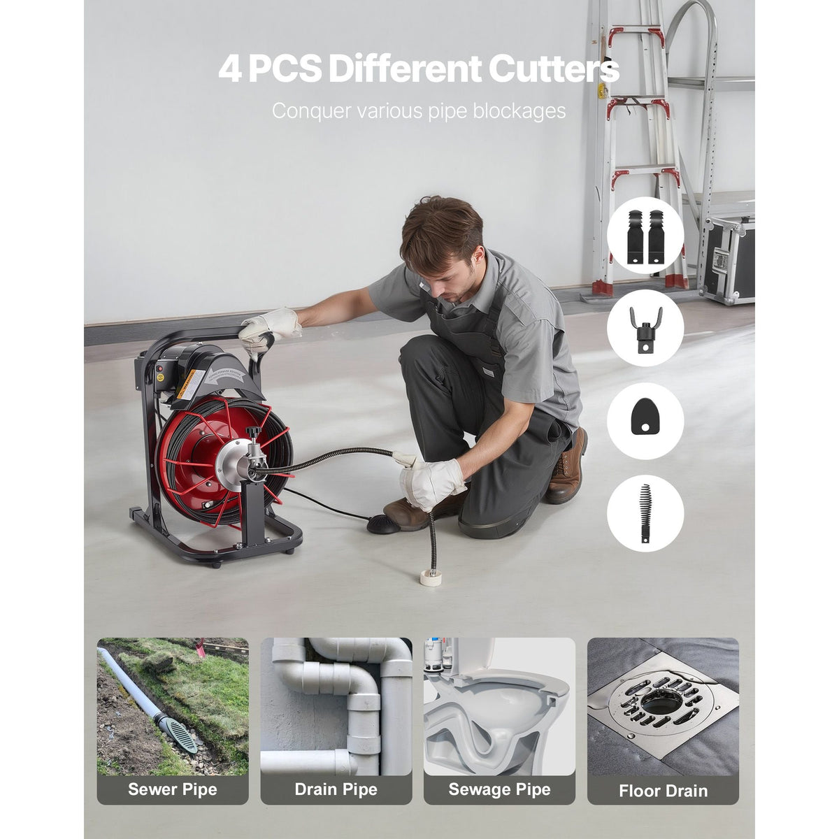 Drain Cleaner Machine 50 FT x 5/16 Inch, Auto Feed Sewer Snake Auger with 4 Cutters & Air-Activated Foot Switch for 2" to 4" Pipes