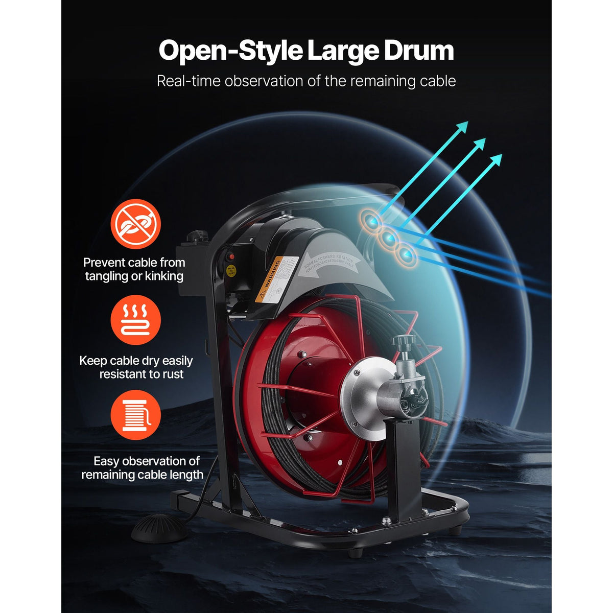 Drain Cleaner Machine 50 FT x 5/16 Inch, Auto Feed Sewer Snake Auger with 4 Cutters & Air-Activated Foot Switch for 2" to 4" Pipes