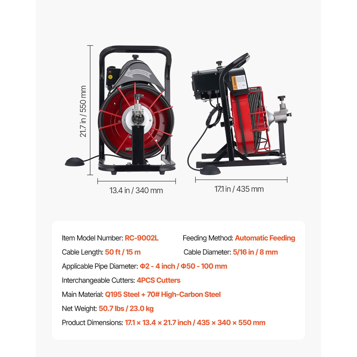 Drain Cleaner Machine 50 FT x 5/16 Inch, Auto Feed Sewer Snake Auger with 4 Cutters & Air-Activated Foot Switch for 2" to 4" Pipes