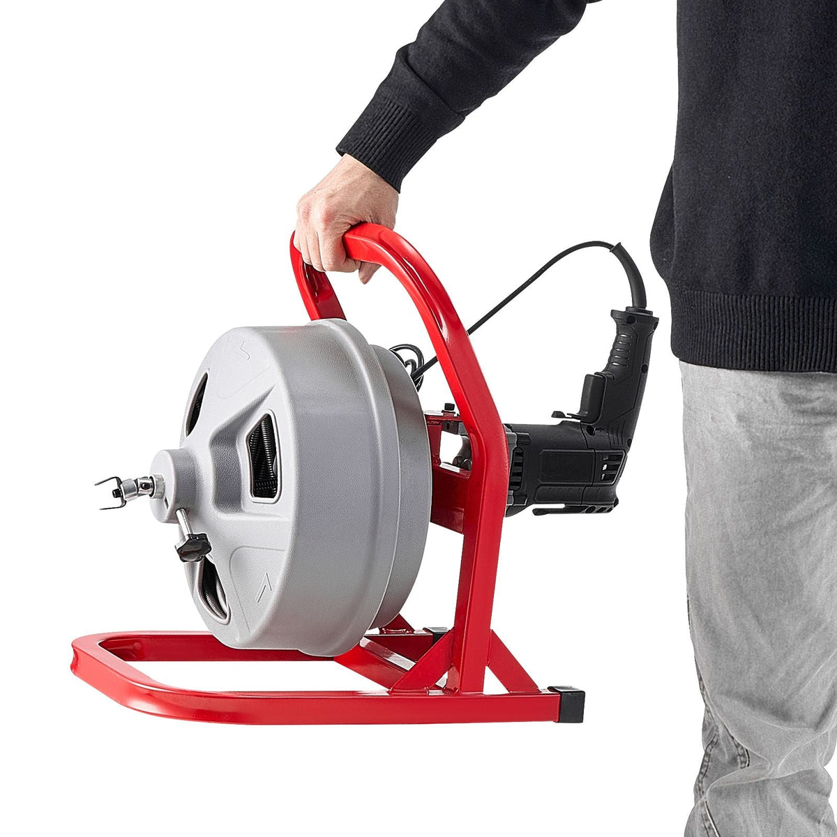 Drain Cleaner Machine 50 FT x 5/16 Inch, Sewer Snake Auger with 228RPM Electric Drill, Manual Feed Drain Cleaning Machine with 6 Cutters & Air-activated Foot Switch for 2" to 4" Pipes