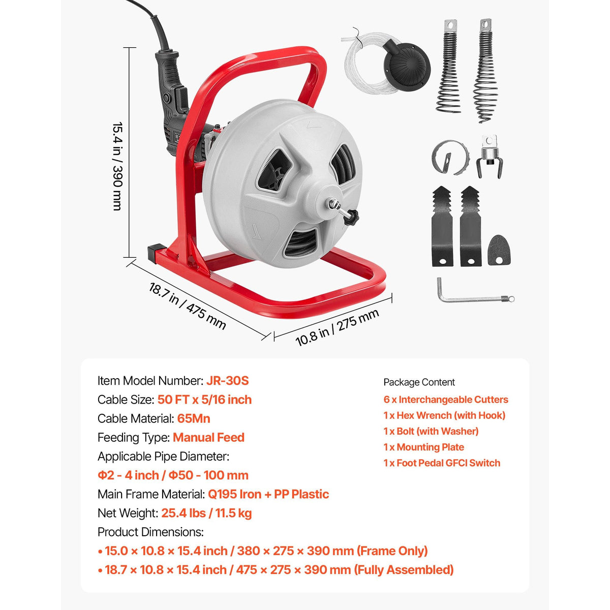 Drain Cleaner Machine 50 FT x 5/16 Inch, Sewer Snake Auger with 228RPM Electric Drill, Manual Feed Drain Cleaning Machine with 6 Cutters & Air-activated Foot Switch for 2" to 4" Pipes