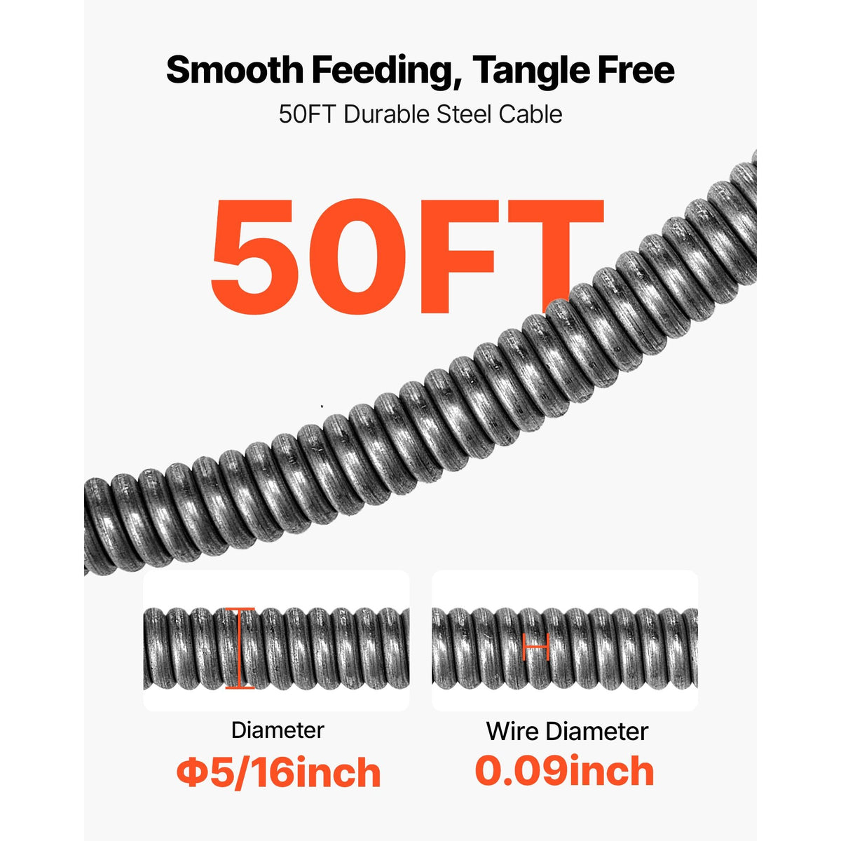 Drain Cleaner Machine 50 FT x 5/16 Inch, Sewer Snake Auger with 228RPM Electric Drill, Manual Feed Drain Cleaning Machine with 6 Cutters & Air-activated Foot Switch for 2" to 4" Pipes