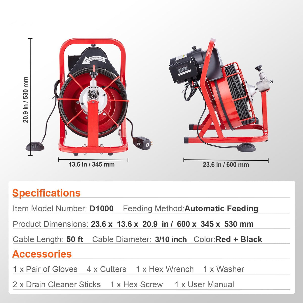 Drain Cleaner Machine 50FT x 3/10 Inch, Auto Feed Sewer Snake Auger, Electric Drain Cleaning Machine with 4 Cutters & Air-activated Foot Switch for 2" to 4" Pipes