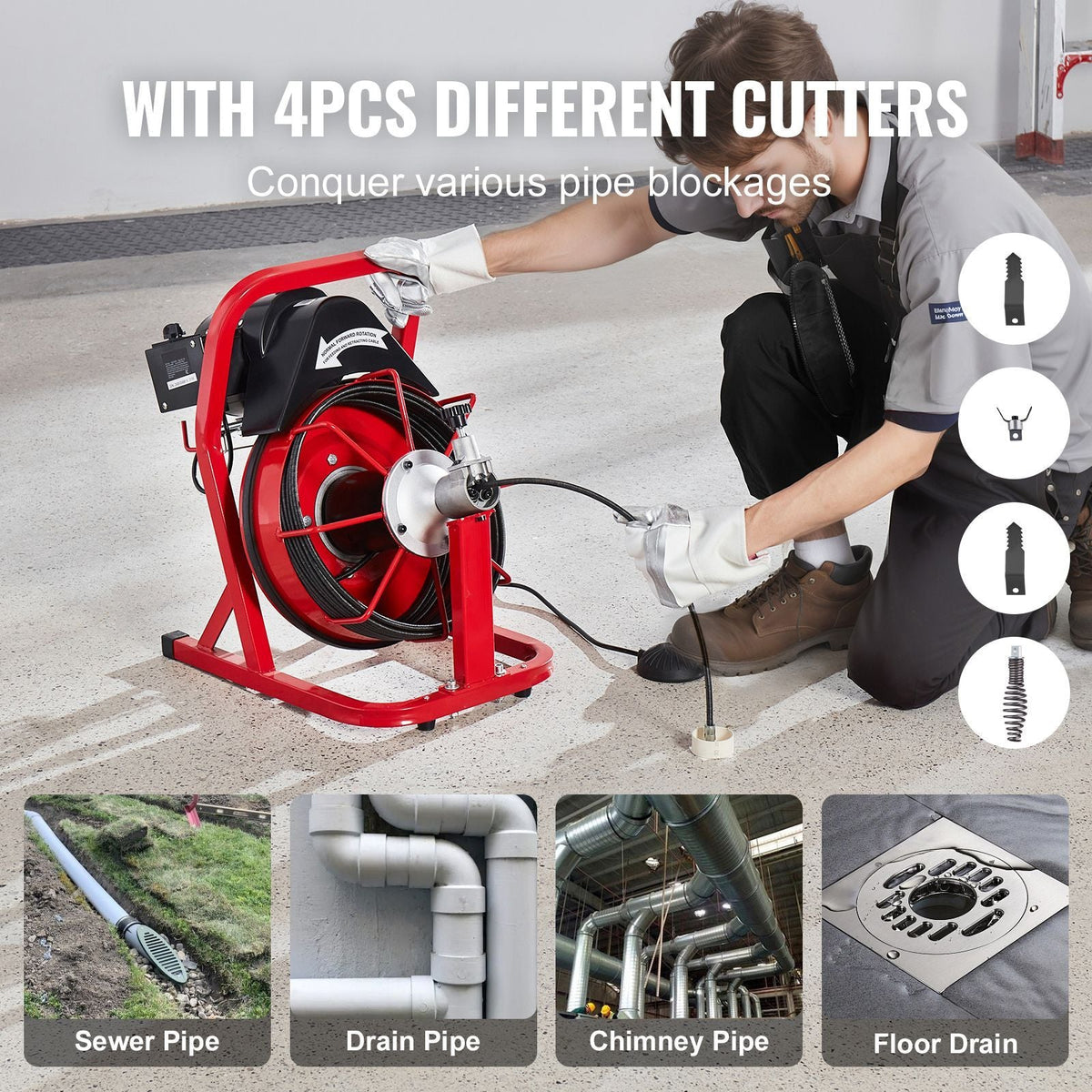 Drain Cleaner Machine 50FT x 3/10 Inch, Auto Feed Sewer Snake Auger, Electric Drain Cleaning Machine with 4 Cutters & Air-activated Foot Switch for 2" to 4" Pipes