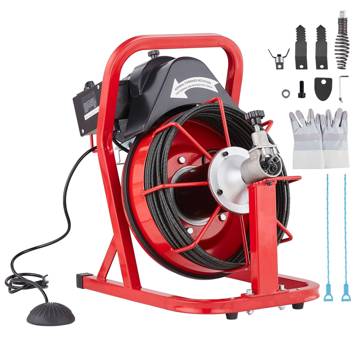 Drain Cleaner Machine 50FT x 3/10 Inch, Auto Feed Sewer Snake Auger, Electric Drain Cleaning Machine with 4 Cutters & Air-activated Foot Switch for 2" to 4" Pipes