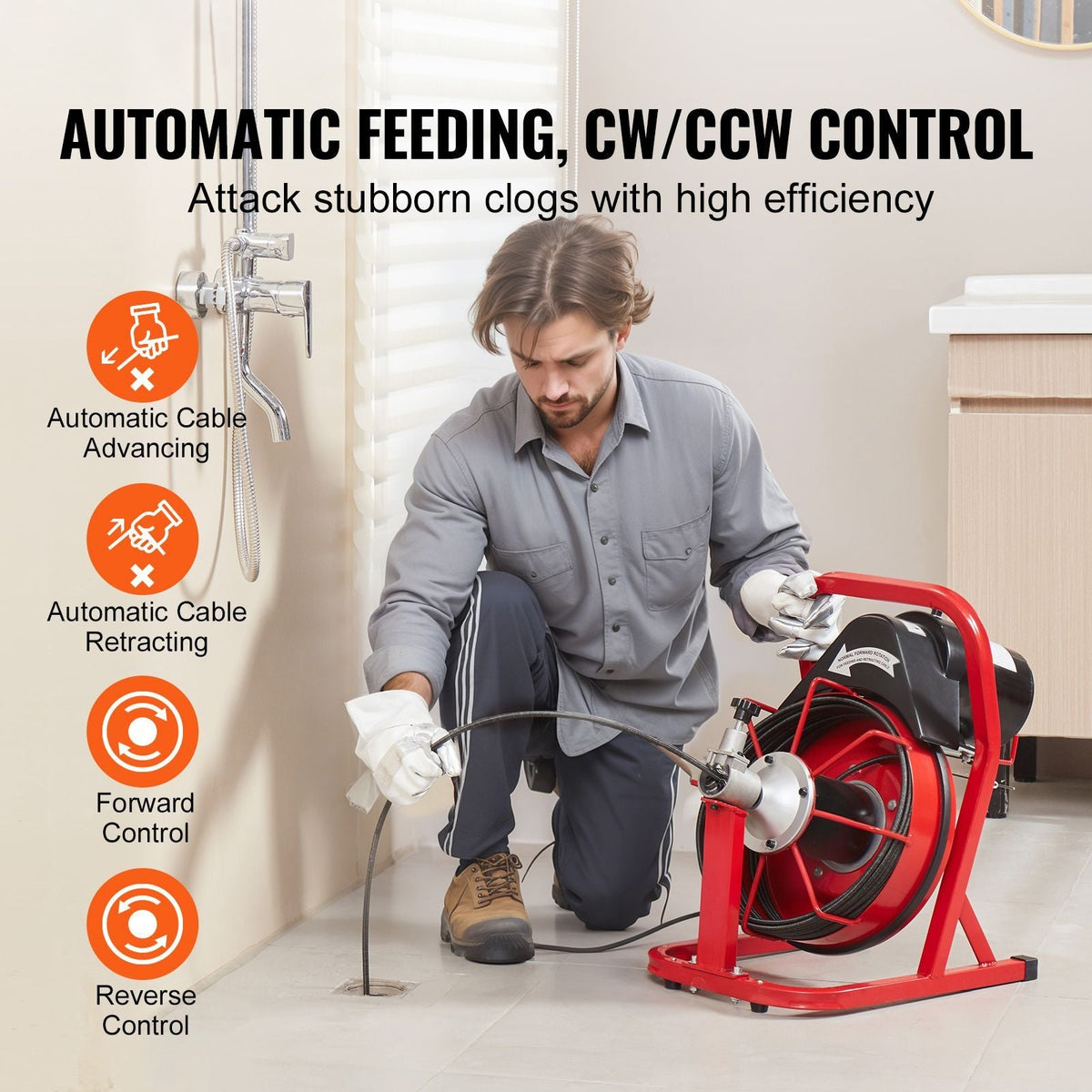 Drain Cleaner Machine 50FT x 3/10 Inch, Auto Feed Sewer Snake Auger, Electric Drain Cleaning Machine with 4 Cutters & Air-activated Foot Switch for 2" to 4" Pipes
