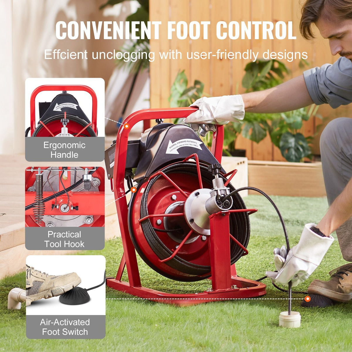Drain Cleaner Machine 50FT x 3/10 Inch, Auto Feed Sewer Snake Auger, Electric Drain Cleaning Machine with 4 Cutters & Air-activated Foot Switch for 2" to 4" Pipes