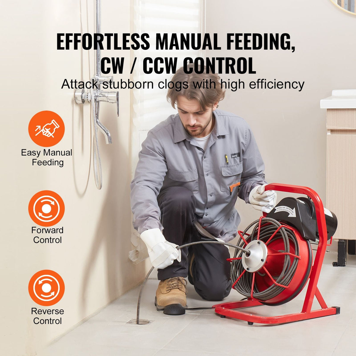 Drain Cleaner Machine 50FT x 3/8 Inch, Sewer Snake Auger Manual Feed, 250W Electric Drain Cleaning Machine with 4 Cutters & Air-activated Foot Switch for 2" to 4" Pipes