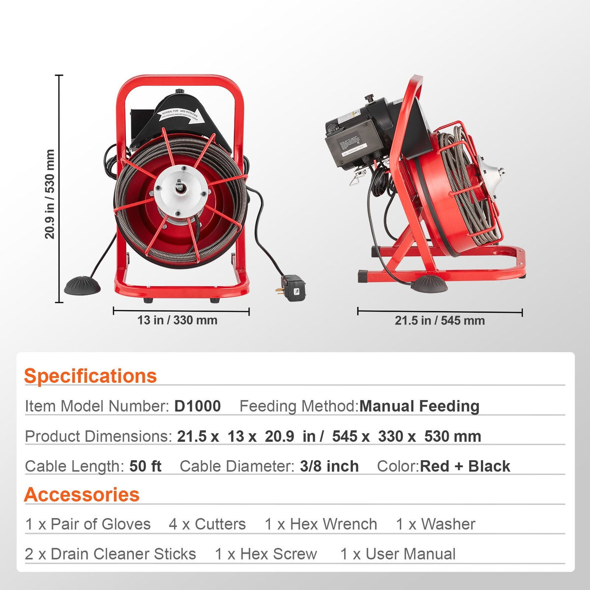 Drain Cleaner Machine 50FT x 3/8 Inch, Sewer Snake Auger Manual Feed, 250W Electric Drain Cleaning Machine with 4 Cutters & Air-activated Foot Switch for 2" to 4" Pipes