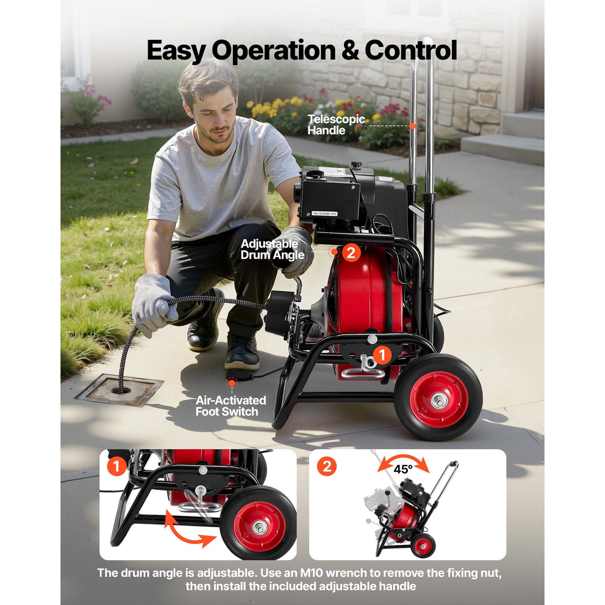 Drain Cleaner Machine 75 FT x 1/2 Inch, Auto Feed Sewer Snake Auger, Portable Drain Cleaning Machine with Climbing Wheels, Adjustable Drum, 8 Cutters & Foot Switch for 2" to 6" Pipes
