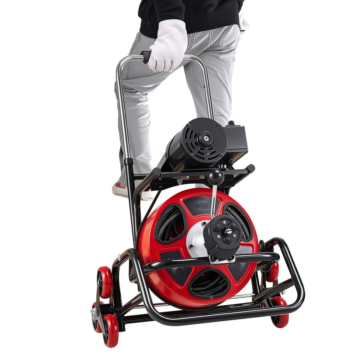 Drain Cleaner Machine 75 FT x 1/2 Inch, Auto Feed Sewer Snake Auger, Portable Drain Cleaning Machine with Climbing Wheels, Adjustable Drum, 8 Cutters & Foot Switch for 2" to 6" Pipes