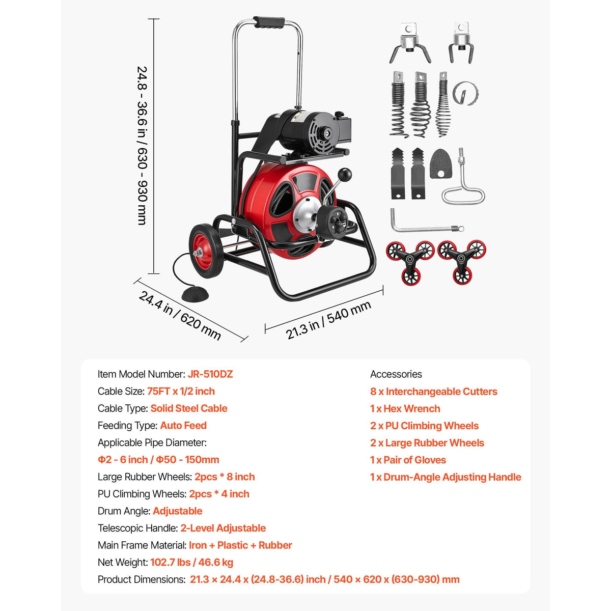 Drain Cleaner Machine 75 FT x 1/2 Inch, Auto Feed Sewer Snake Auger, Portable Drain Cleaning Machine with Climbing Wheels, Adjustable Drum, 8 Cutters & Foot Switch for 2" to 6" Pipes