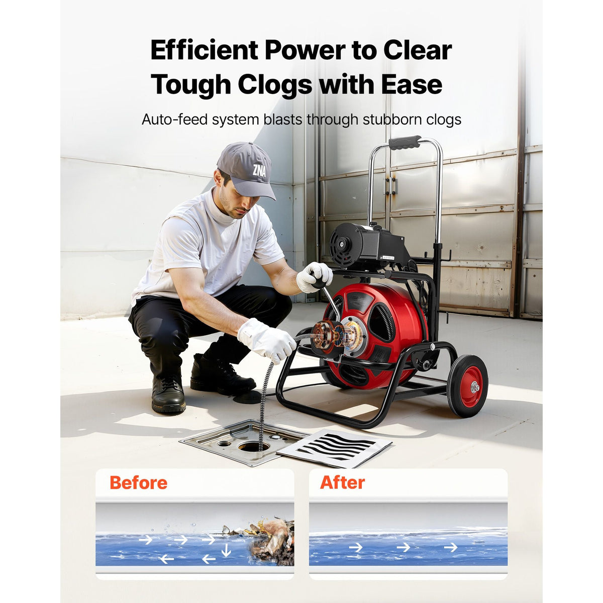 Drain Cleaner Machine 75 FT x 1/2 Inch, Auto Feed Sewer Snake Auger, Portable Drain Cleaning Machine with Climbing Wheels, Adjustable Drum, 8 Cutters & Foot Switch for 2" to 6" Pipes