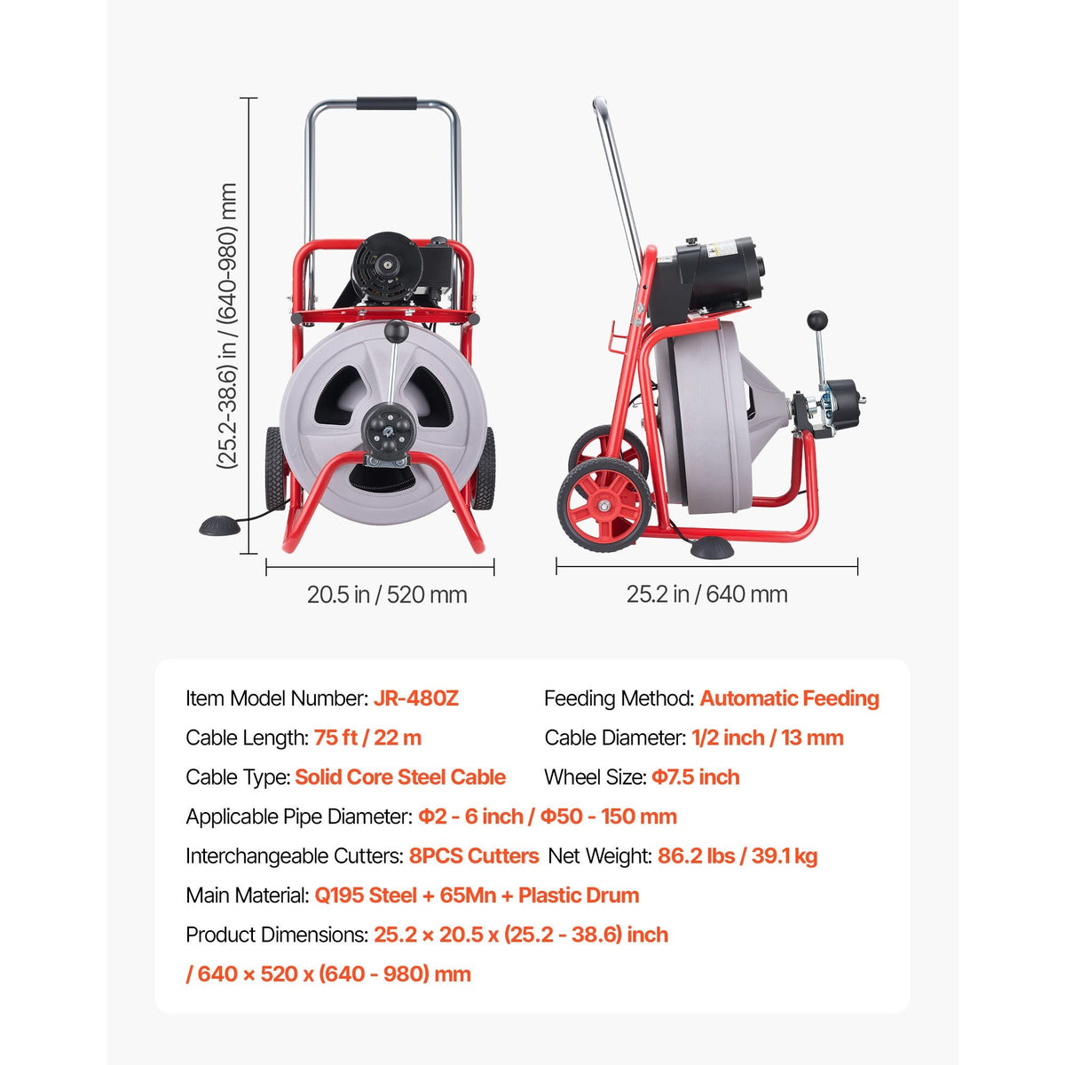 Drain Cleaner Machine 75 FT x 1/2 Inch, Auto Feed Sewer Snake Drain Auger on Wheels, Portable Drain Cleaning Machine with 8 Cutters & Air-Activated Foot Switch for 2" to 6" Pipes