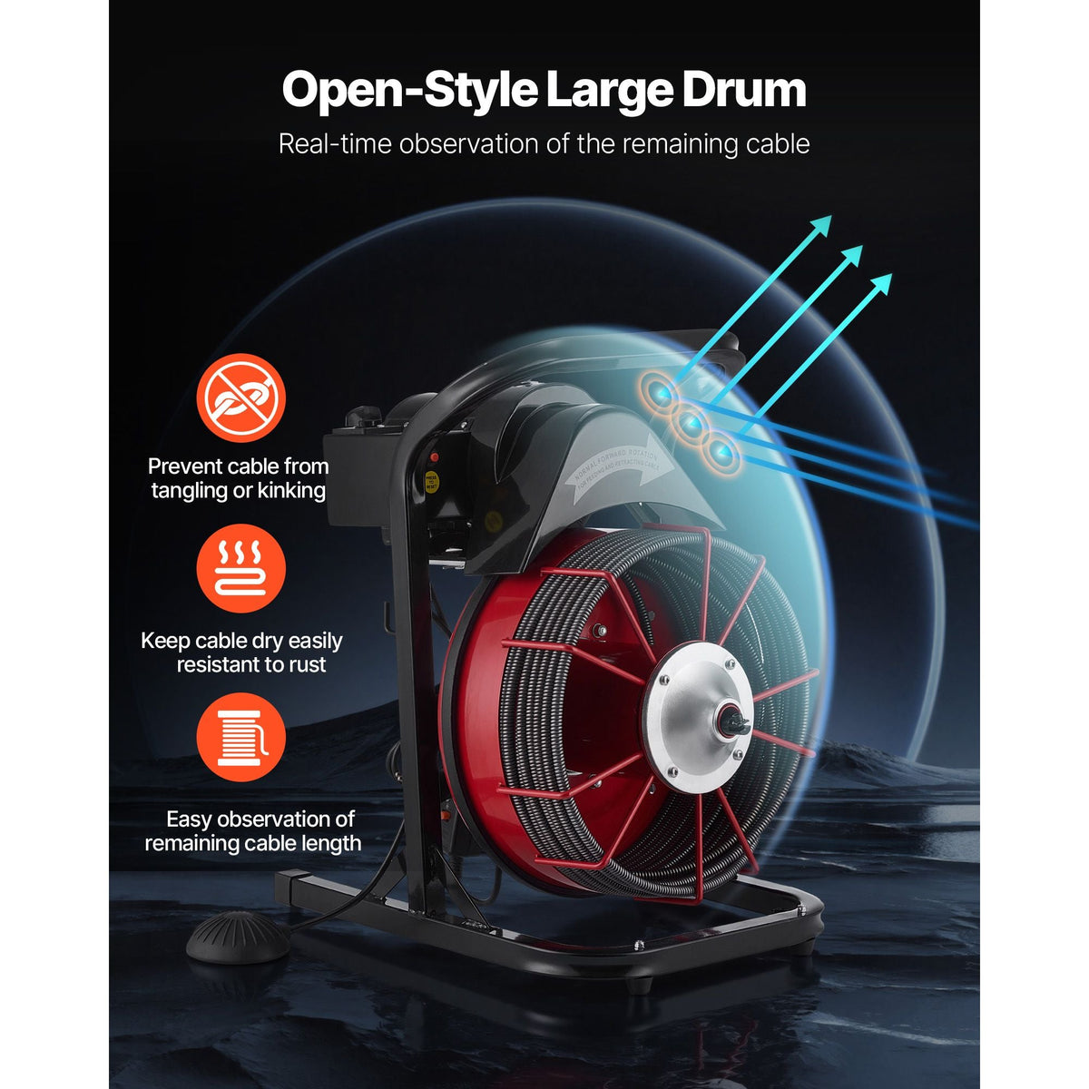 Drain Cleaner Machine 75 FT x 1/2 Inch, Sewer Snake Auger Manual Feed with 4 Cutters & Air-activated Foot Switch for 2" to 6" Pipes