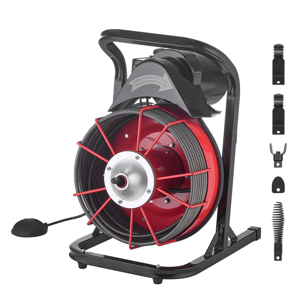 Drain Cleaner Machine 75 FT x 1/2 Inch, Sewer Snake Auger Manual Feed with 4 Cutters & Air-activated Foot Switch for 2" to 6" Pipes