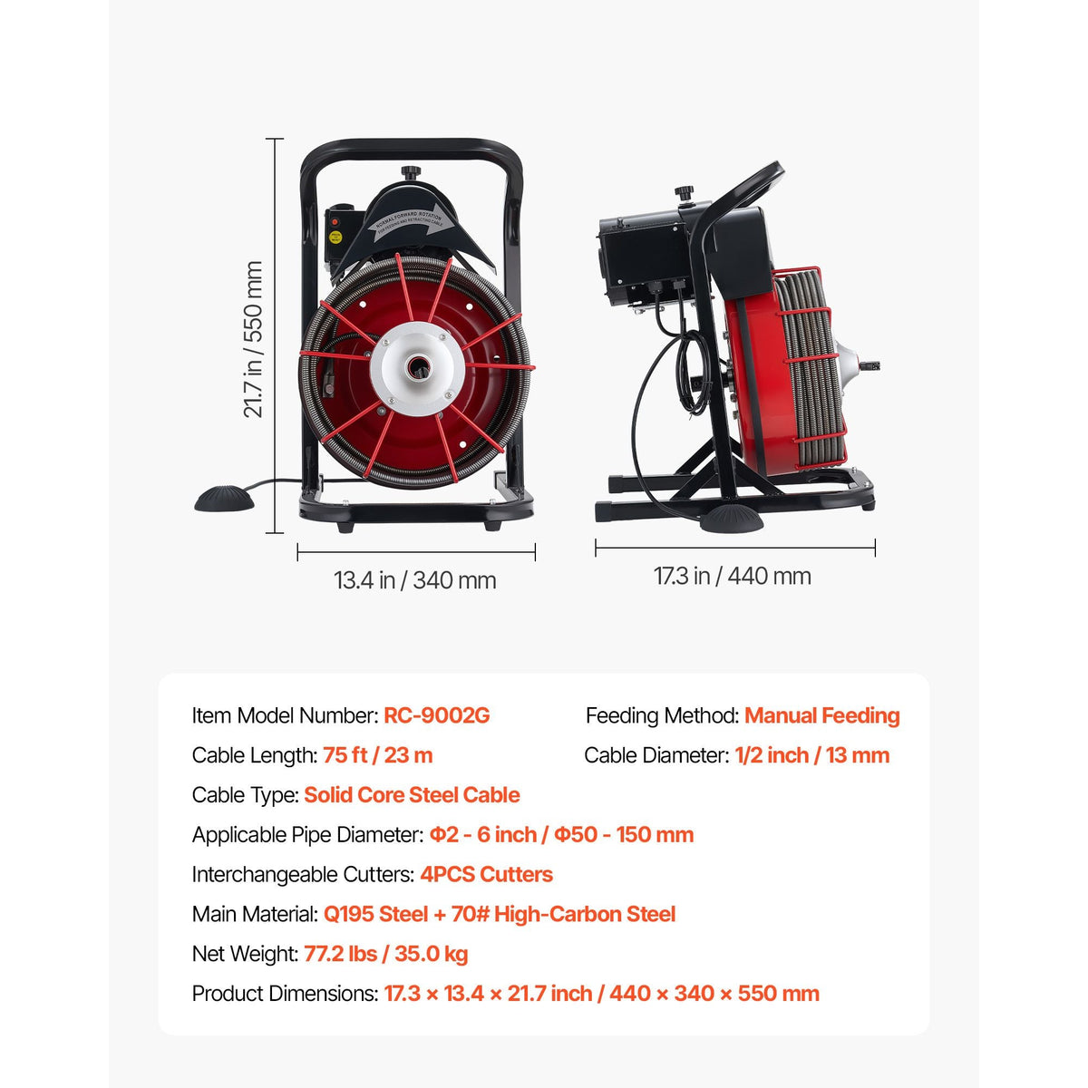 Drain Cleaner Machine 75 FT x 1/2 Inch, Sewer Snake Auger Manual Feed with 4 Cutters & Air-activated Foot Switch for 2" to 6" Pipes