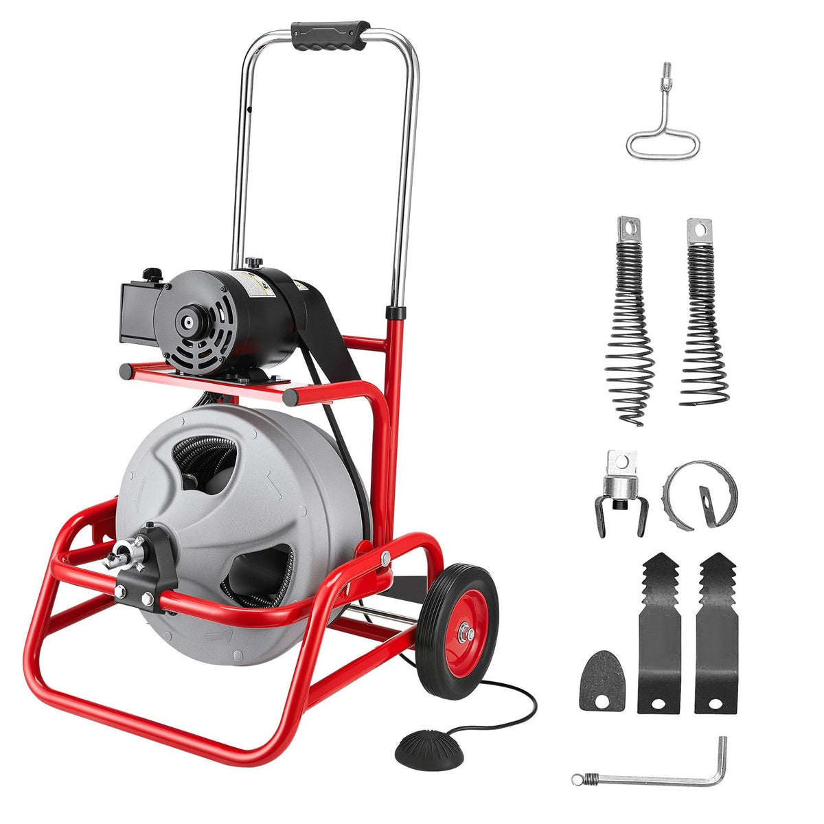 Drain Cleaner Machine 75 FT x 1/2 Inch, Sewer Snake Auger on Wheels, Manual Feed Drain Cleaning Machine with Adjustable Drum Angle, 6 Cutters & Air-activated Foot Switch for 2" to 6" Pipes