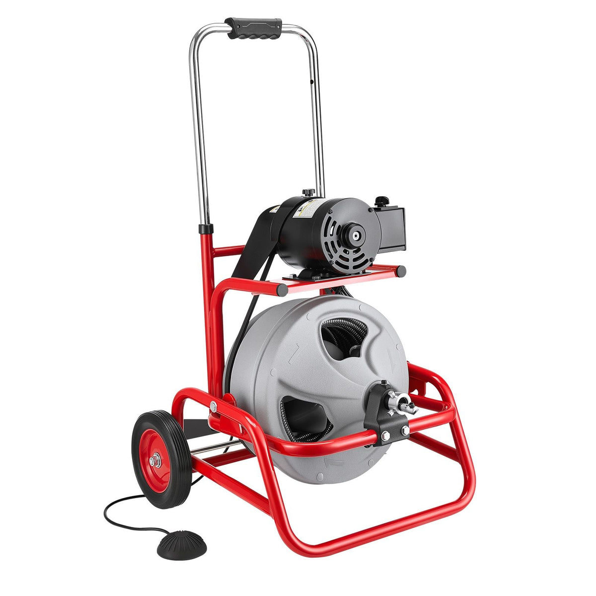 Drain Cleaner Machine 75 FT x 1/2 Inch, Sewer Snake Auger on Wheels, Manual Feed Drain Cleaning Machine with Adjustable Drum Angle, 6 Cutters & Air-activated Foot Switch for 2" to 6" Pipes