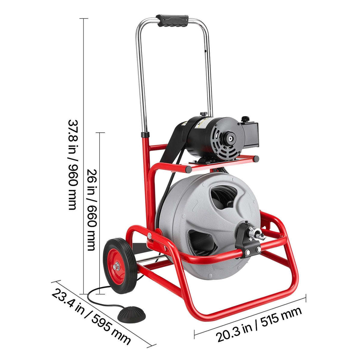 Drain Cleaner Machine 75 FT x 1/2 Inch, Sewer Snake Auger on Wheels, Manual Feed Drain Cleaning Machine with Adjustable Drum Angle, 6 Cutters & Air-activated Foot Switch for 2" to 6" Pipes