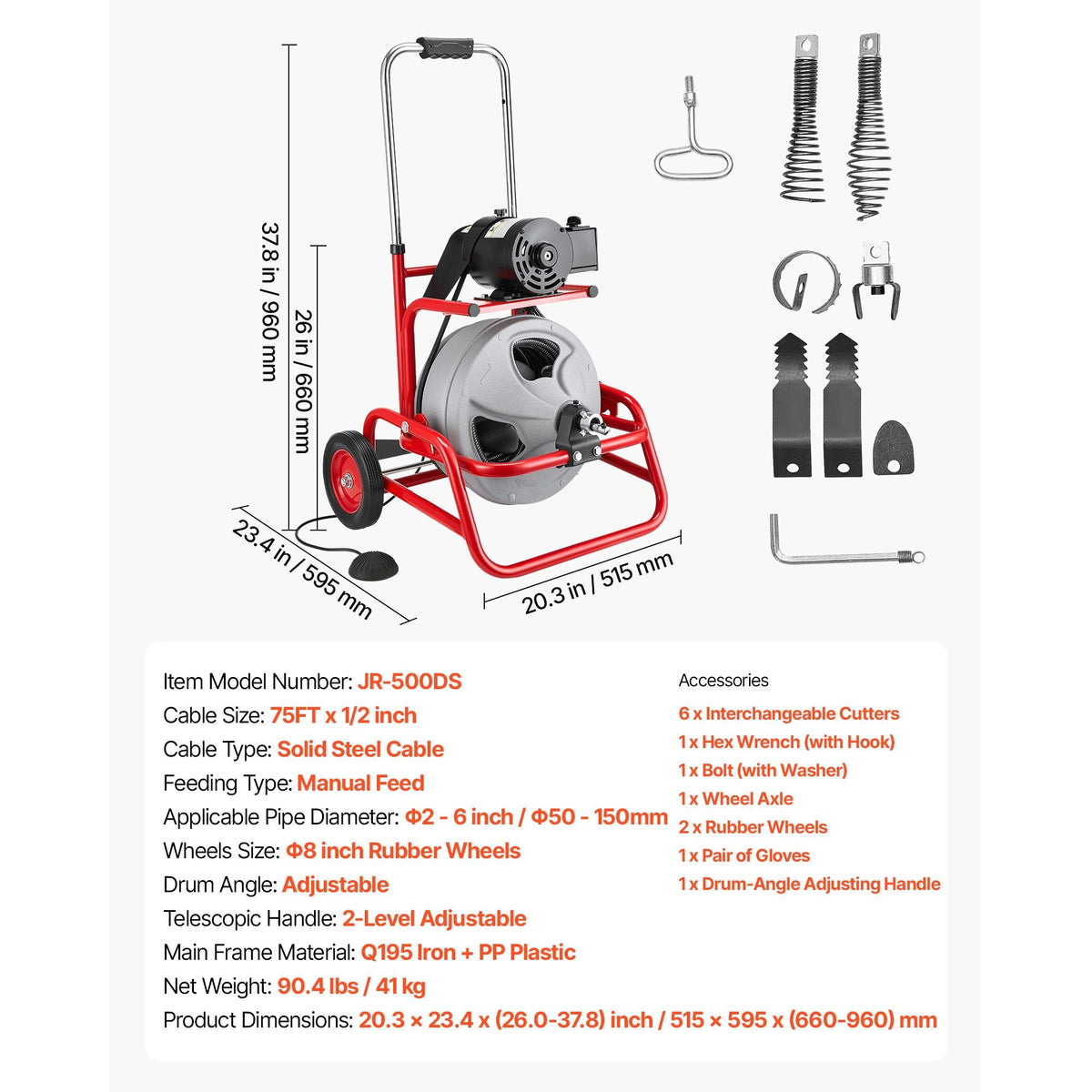 Drain Cleaner Machine 75 FT x 1/2 Inch, Sewer Snake Auger on Wheels, Manual Feed Drain Cleaning Machine with Adjustable Drum Angle, 6 Cutters & Air-activated Foot Switch for 2" to 6" Pipes
