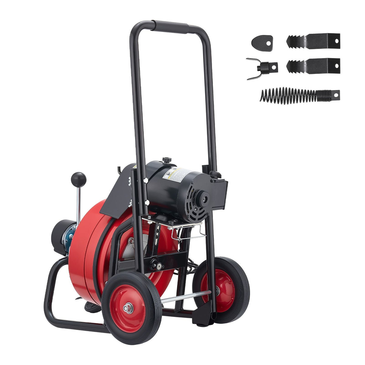 Drain Cleaner Machine 75 FT x 3/8 Inch, Auto Feed Sewer Snake Auger on Wheels, Portable Drain Cleaning Machine with 4 Cutters & Air-activated Foot Switch for 2" to 4" Pipes