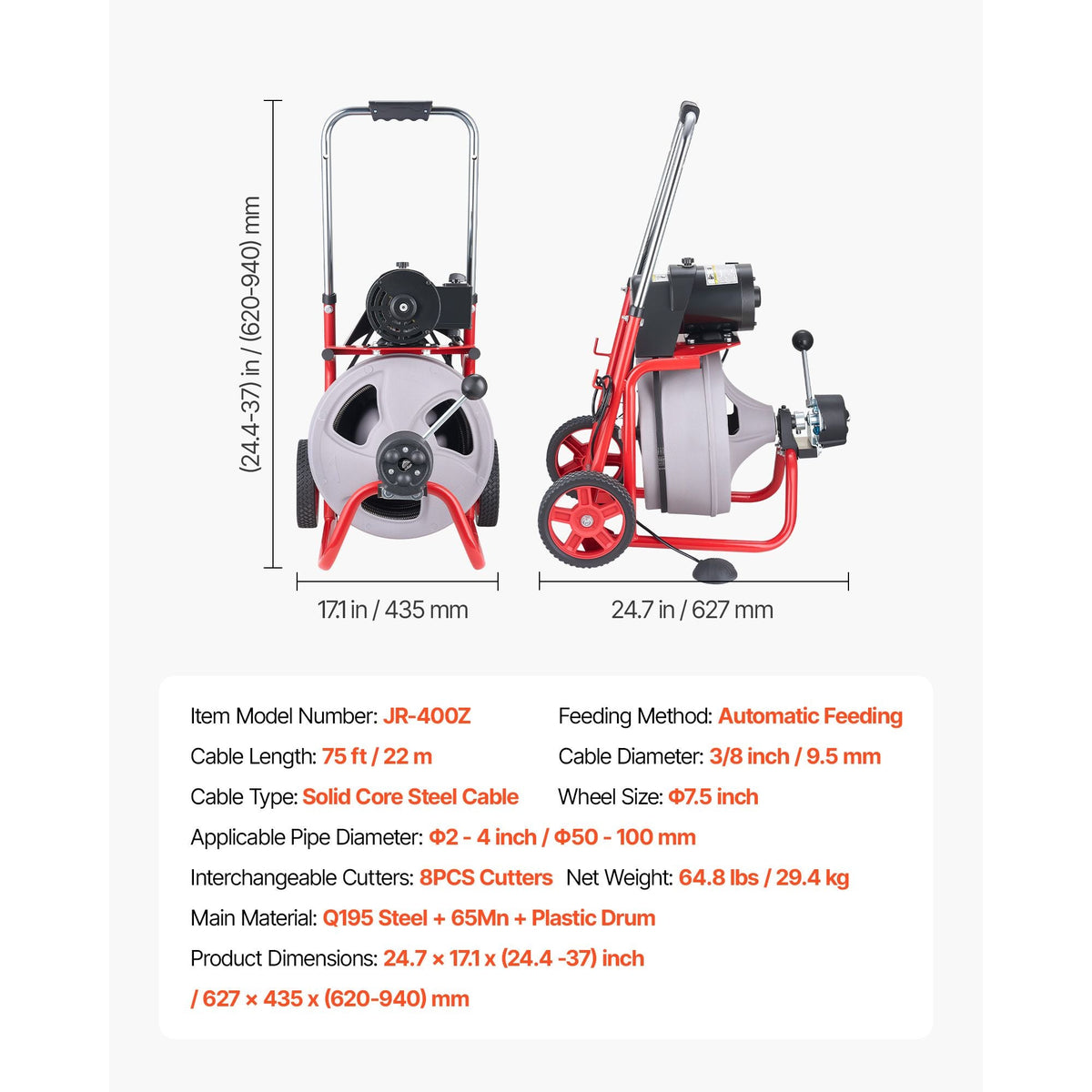 Drain Cleaner Machine 75 FT x 3/8 Inch, Auto Feed Sewer Snake Drain Auger on Wheels, Portable Drain Cleaning Machine with 8 Cutters & Air-Activated Foot Switch for 2" to 4" Pipes