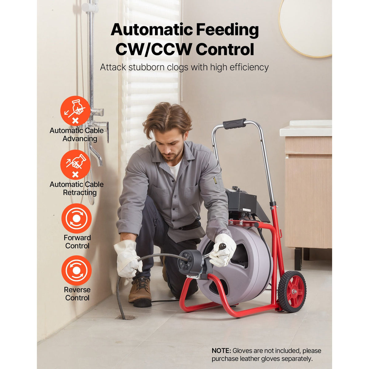 Drain Cleaner Machine 75 FT x 3/8 Inch, Auto Feed Sewer Snake Drain Auger on Wheels, Portable Drain Cleaning Machine with 8 Cutters & Air-Activated Foot Switch for 2" to 4" Pipes