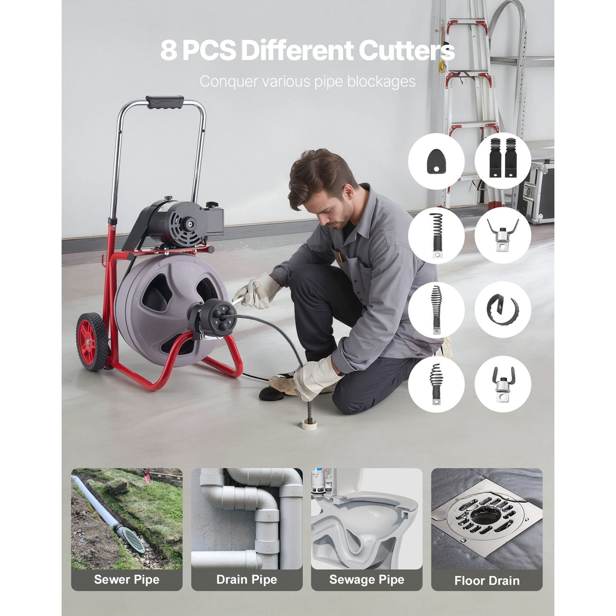 Drain Cleaner Machine 75 FT x 3/8 Inch, Auto Feed Sewer Snake Drain Auger on Wheels, Portable Drain Cleaning Machine with 8 Cutters & Air-Activated Foot Switch for 2" to 4" Pipes
