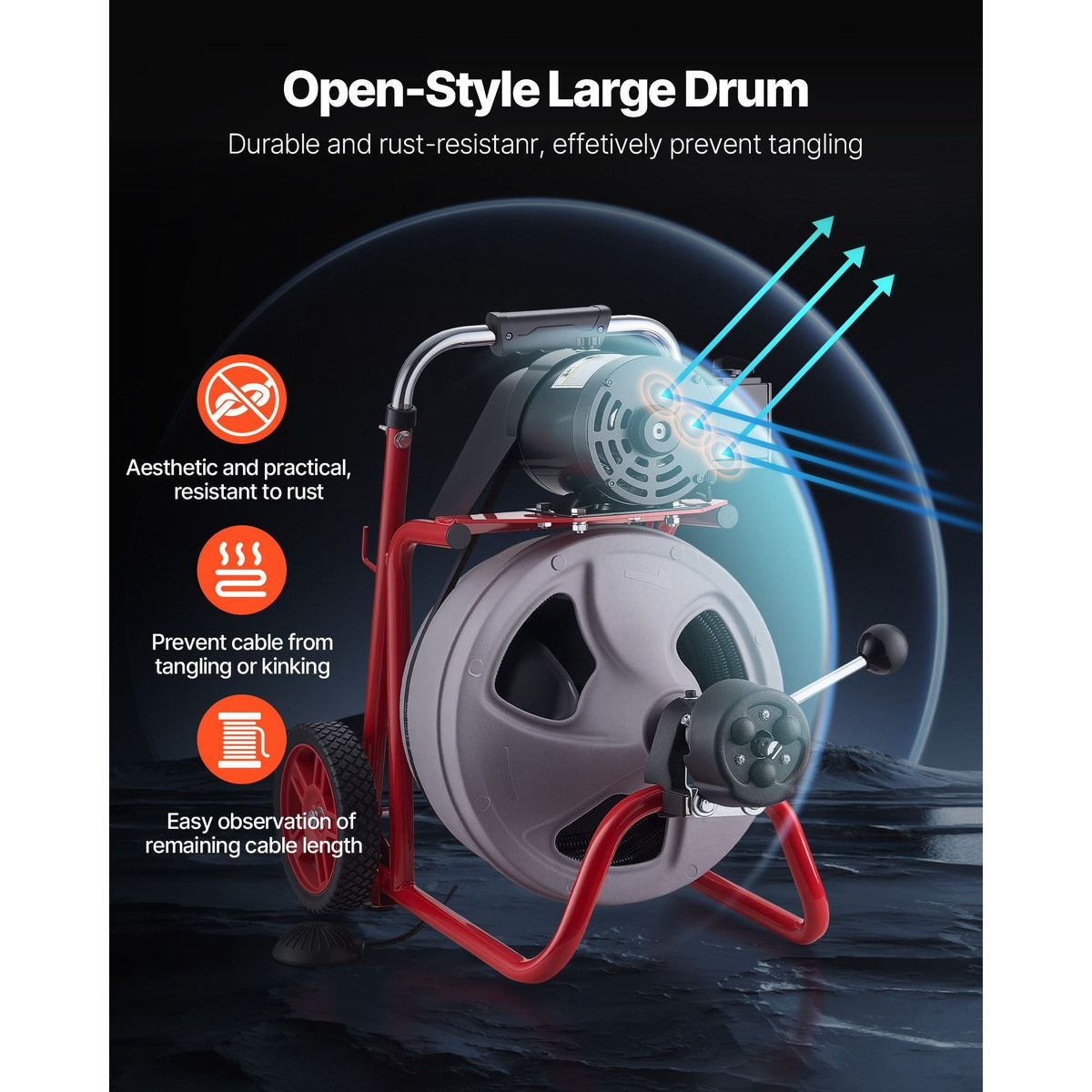 Drain Cleaner Machine 75 FT x 3/8 Inch, Auto Feed Sewer Snake Drain Auger on Wheels, Portable Drain Cleaning Machine with 8 Cutters & Air-Activated Foot Switch for 2" to 4" Pipes