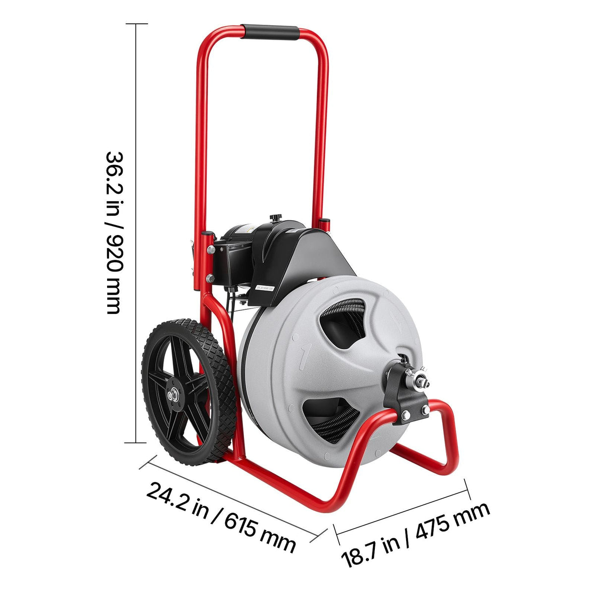Drain Cleaner Machine 75 FT x 3/8 Inch, Sewer Snake Auger Manual Feed on Wheels, Portable Drain Cleaning Machine with 6 Cutters & Air-activated Foot Switch for 2" to 4" Pipes