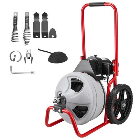 Drain Cleaner Machine 75 FT x 3/8 Inch, Sewer Snake Auger Manual Feed on Wheels, Portable Drain Cleaning Machine with 6 Cutters & Air-activated Foot Switch for 2" to 4" Pipes