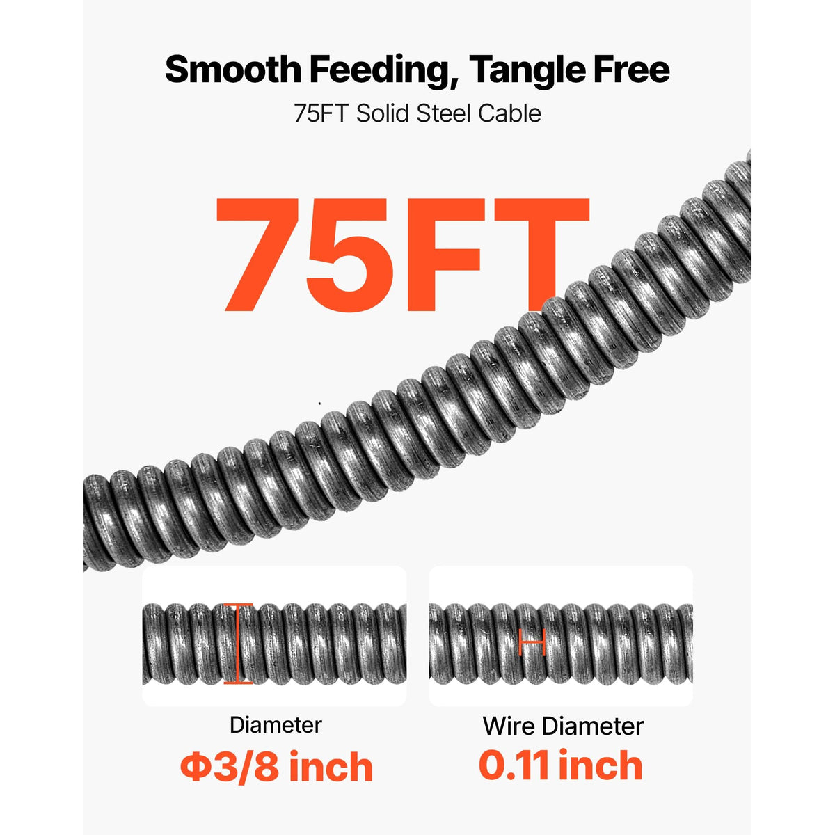 Drain Cleaner Machine 75 FT x 3/8 Inch, Sewer Snake Auger Manual Feed on Wheels, Portable Drain Cleaning Machine with 6 Cutters & Air-activated Foot Switch for 2" to 4" Pipes