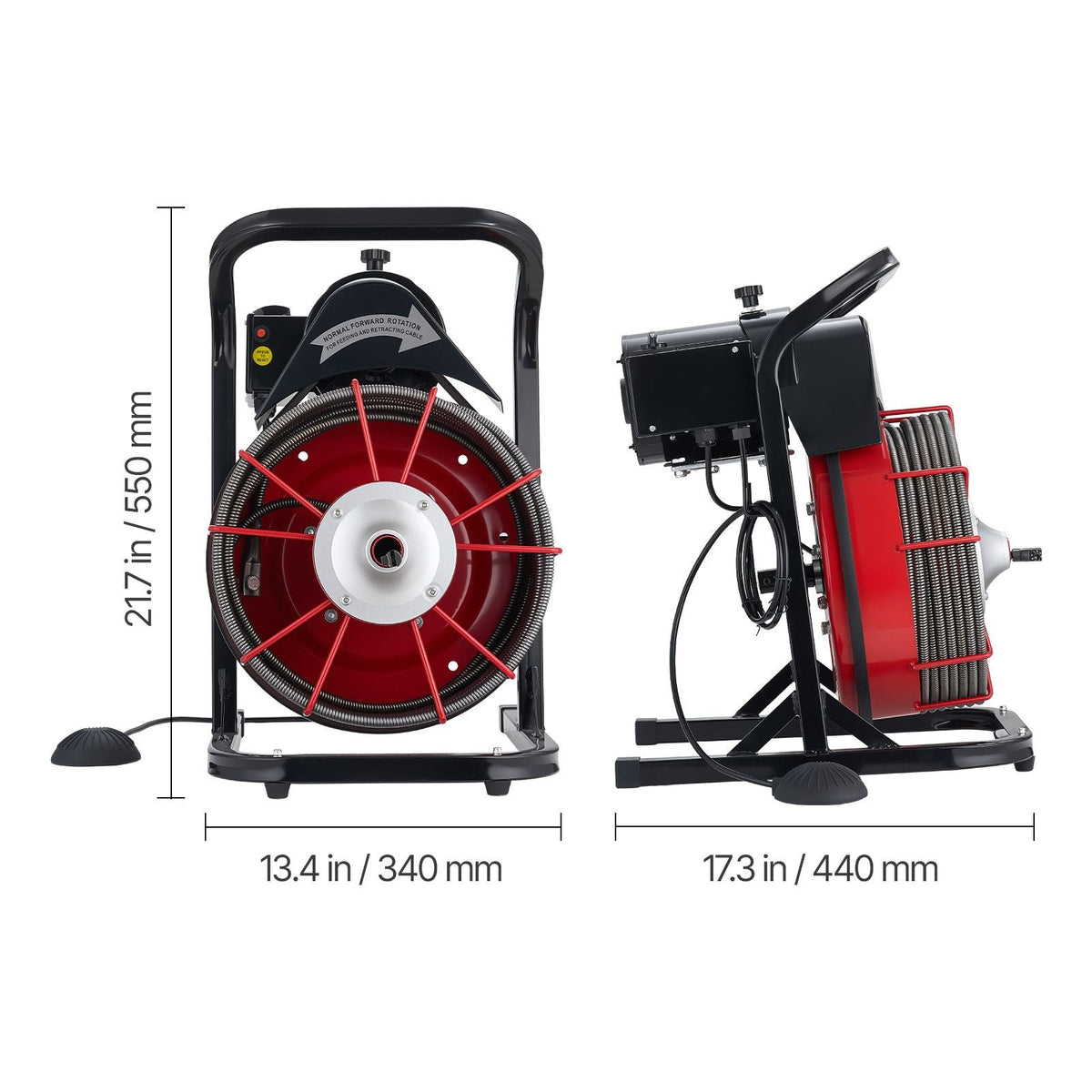 Drain Cleaner Machine 75 FT x 3/8 Inch, Sewer Snake Auger Manual Feed with 4 Cutters & Air-activated Foot Switch for 2" to 4" Pipes