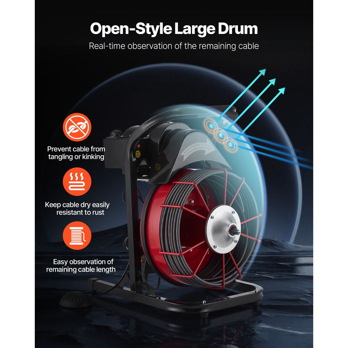 Drain Cleaner Machine 75 FT x 3/8 Inch, Sewer Snake Auger Manual Feed with 4 Cutters & Air-activated Foot Switch for 2" to 4" Pipes