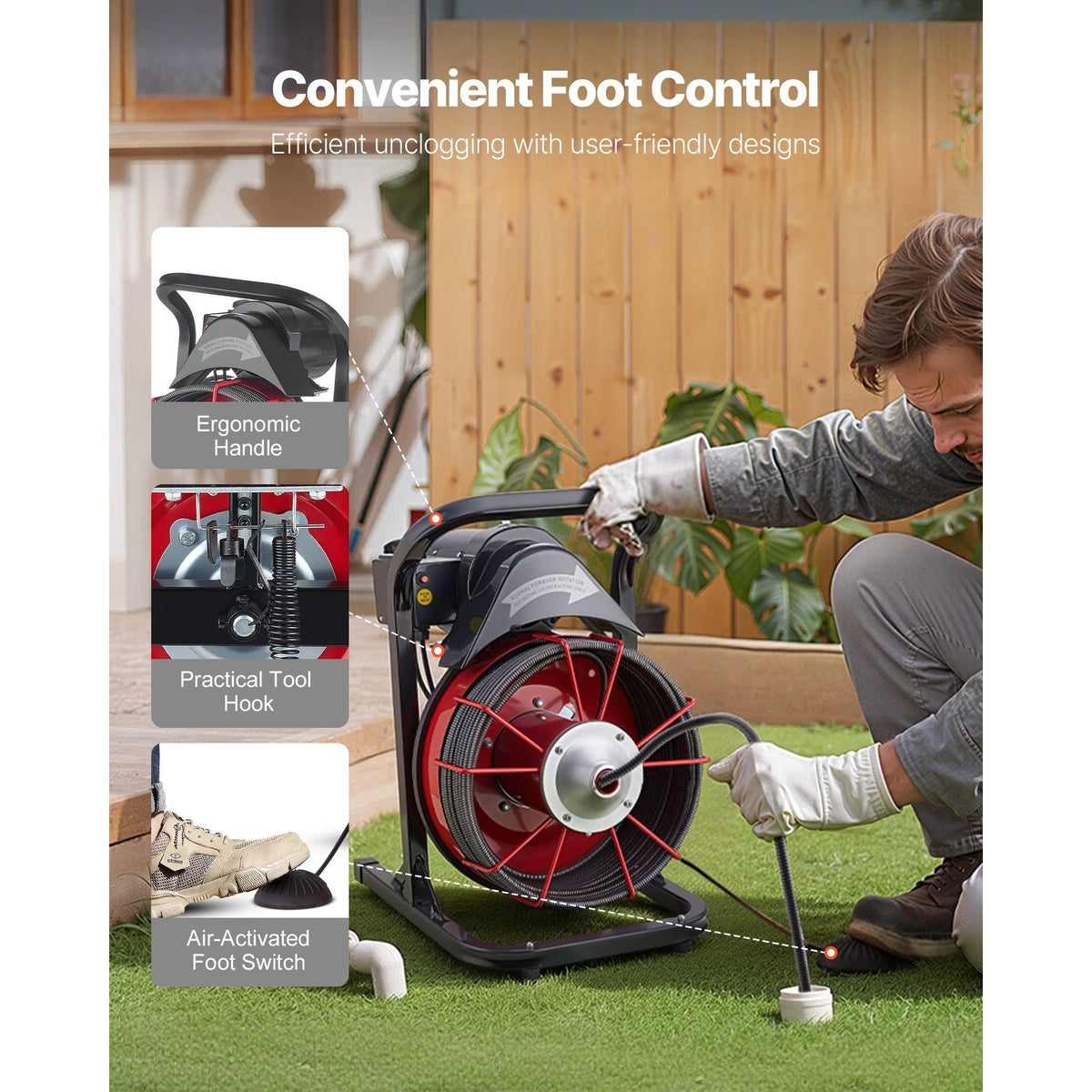 Drain Cleaner Machine 75 FT x 3/8 Inch, Sewer Snake Auger Manual Feed with 4 Cutters & Air-activated Foot Switch for 2" to 4" Pipes