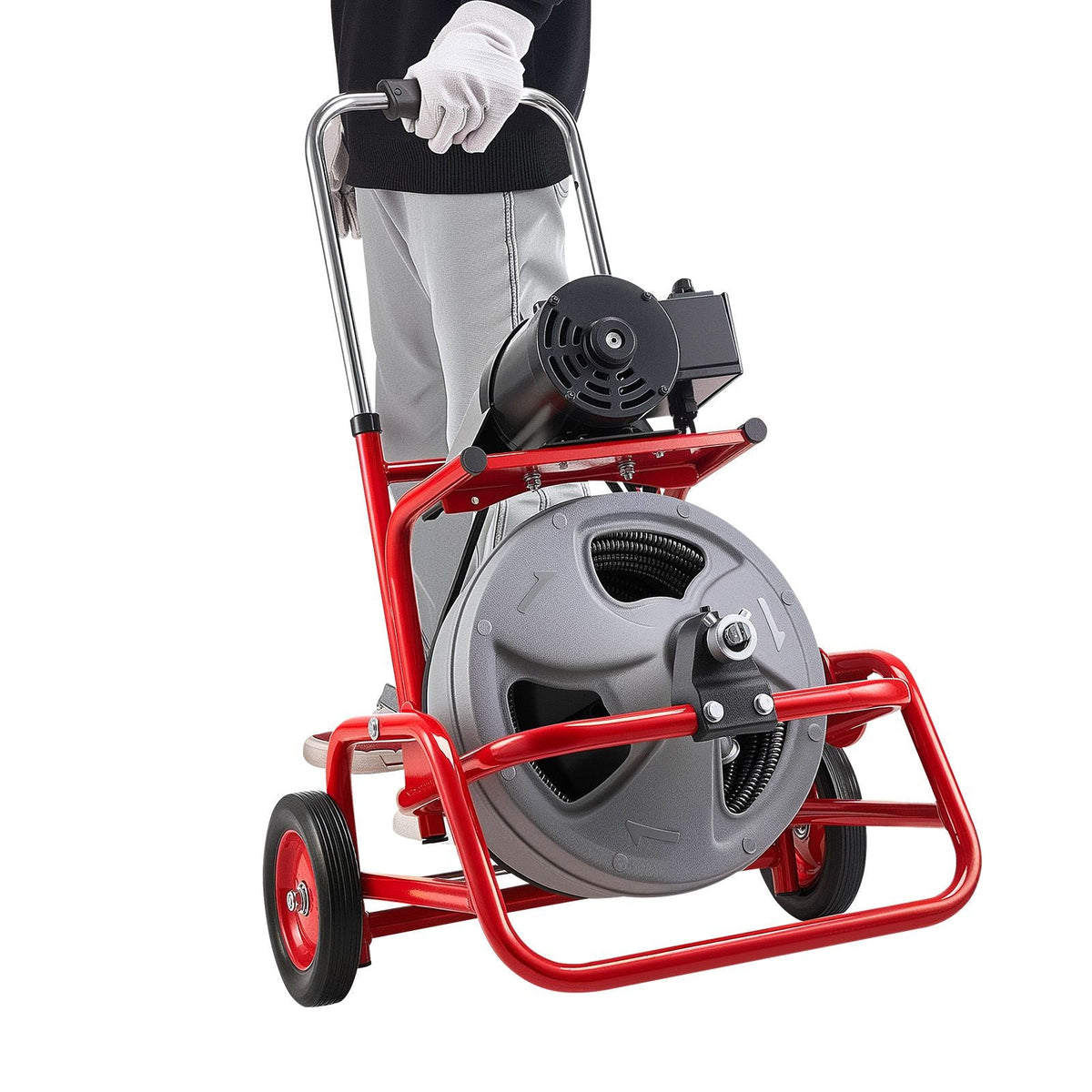 Drain Cleaner Machine 75 FT x 3/8 Inch, Sewer Snake Auger on Wheels, Manual Feed Drain Cleaning Machine with Adjustable Drum Angle, 6 Cutters & Air-activated Foot Switch for 2" to 4" Pipes