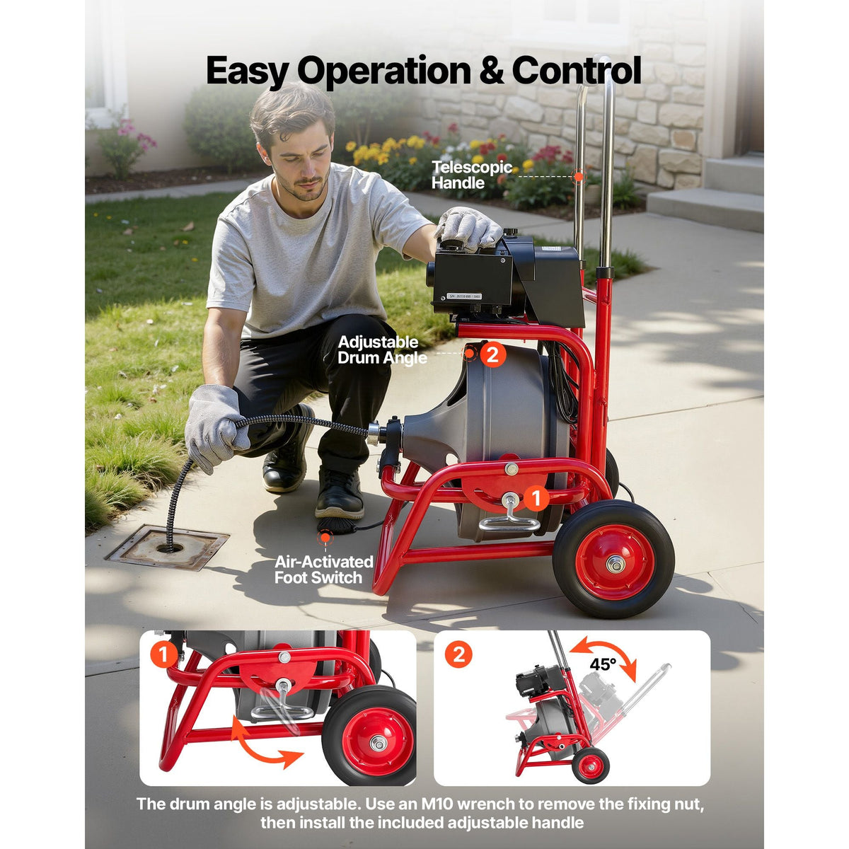 Drain Cleaner Machine 75 FT x 3/8 Inch, Sewer Snake Auger on Wheels, Manual Feed Drain Cleaning Machine with Adjustable Drum Angle, 6 Cutters & Air-activated Foot Switch for 2" to 4" Pipes