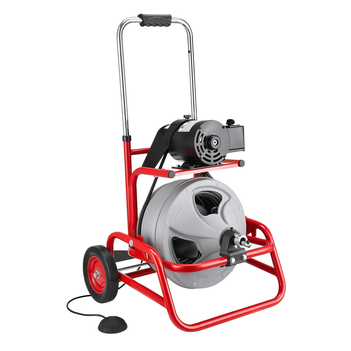 Drain Cleaner Machine 75 FT x 3/8 Inch, Sewer Snake Auger on Wheels, Manual Feed Drain Cleaning Machine with Adjustable Drum Angle, 6 Cutters & Air-activated Foot Switch for 2" to 4" Pipes