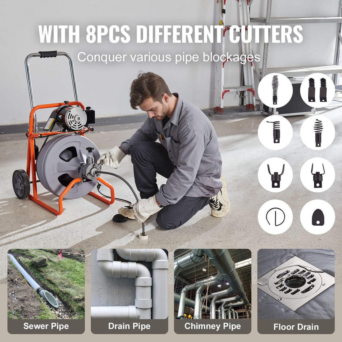 Drain Cleaner Machine 75FT x 1/2 Inch, Auto Feed Sewer Snake Drain Auger on Wheels, Portable Drain Cleaning Machine with 8 Cutters & Air-activated Foot Switch for 2" to 4" Pipes