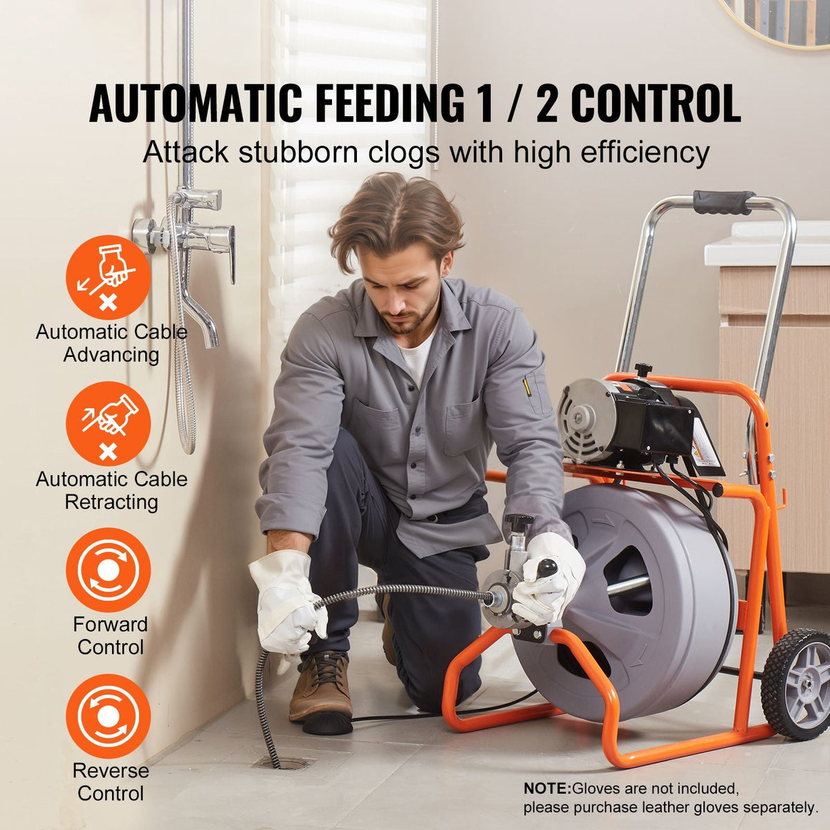 Drain Cleaner Machine 75FT x 1/2 Inch, Auto Feed Sewer Snake Drain Auger on Wheels, Portable Drain Cleaning Machine with 8 Cutters & Air-activated Foot Switch for 2" to 4" Pipes