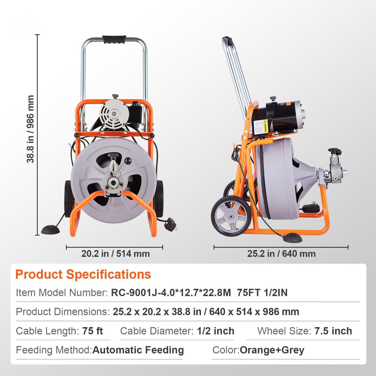 Drain Cleaner Machine 75FT x 1/2 Inch, Auto Feed Sewer Snake Drain Auger on Wheels, Portable Drain Cleaning Machine with 8 Cutters & Air-activated Foot Switch for 2" to 4" Pipes