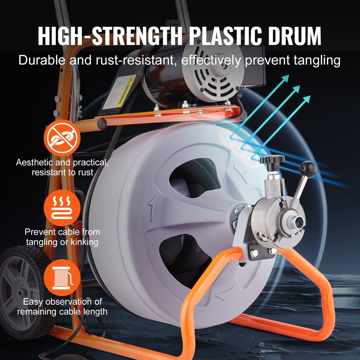 Drain Cleaner Machine 75FT x 1/2 Inch, Auto Feed Sewer Snake Drain Auger on Wheels, Portable Drain Cleaning Machine with 8 Cutters & Air-activated Foot Switch for 2" to 4" Pipes