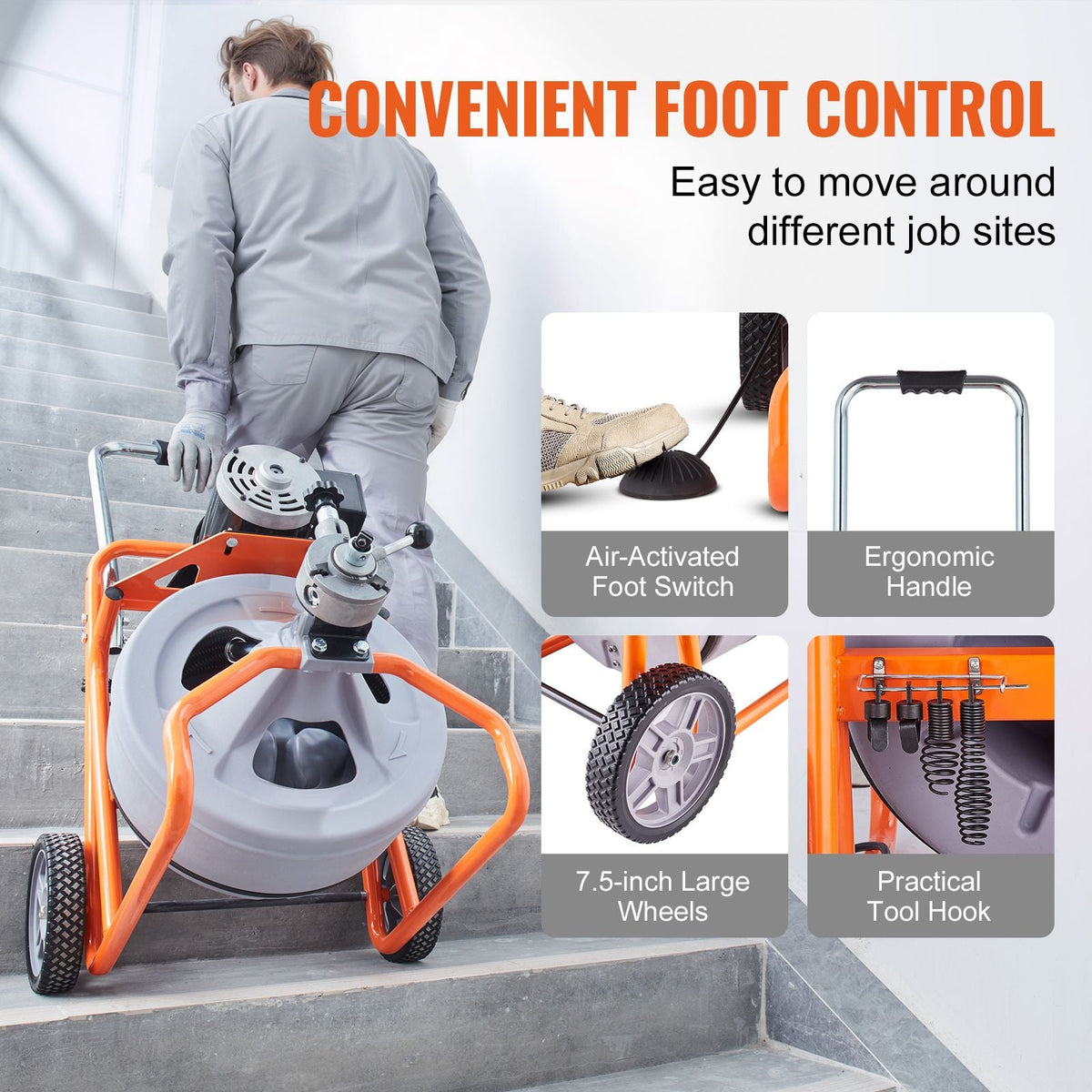 Drain Cleaner Machine 75FT x 1/2 Inch, Auto Feed Sewer Snake Drain Auger on Wheels, Portable Drain Cleaning Machine with 8 Cutters & Air-activated Foot Switch for 2" to 4" Pipes