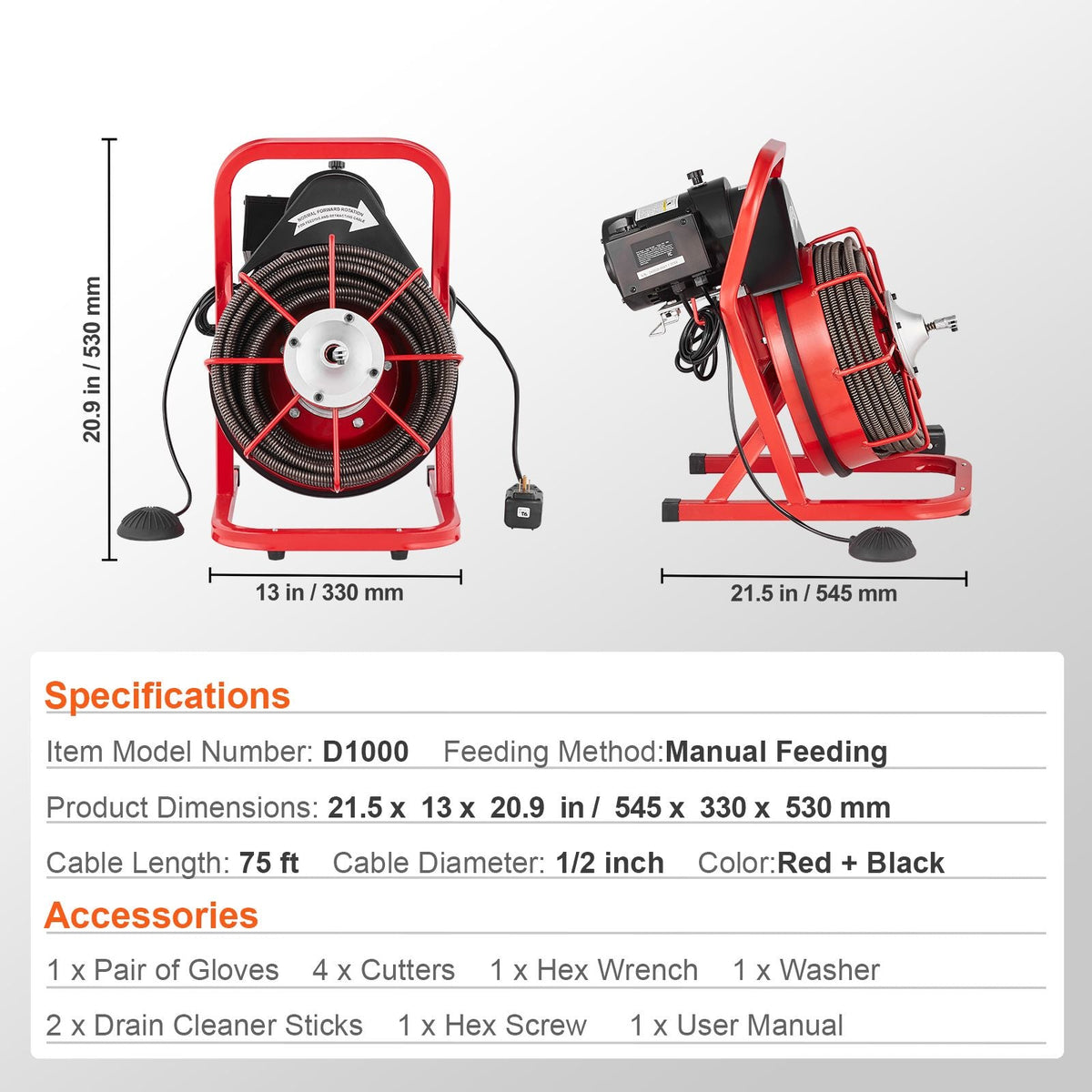 Drain Cleaner Machine 75FT x 1/2 Inch, Sewer Snake Auger Manual Feed, 370W Electric Drain Cleaning Machine with 4 Cutters & Air-activated Foot Switch for 2" to 4" Pipes