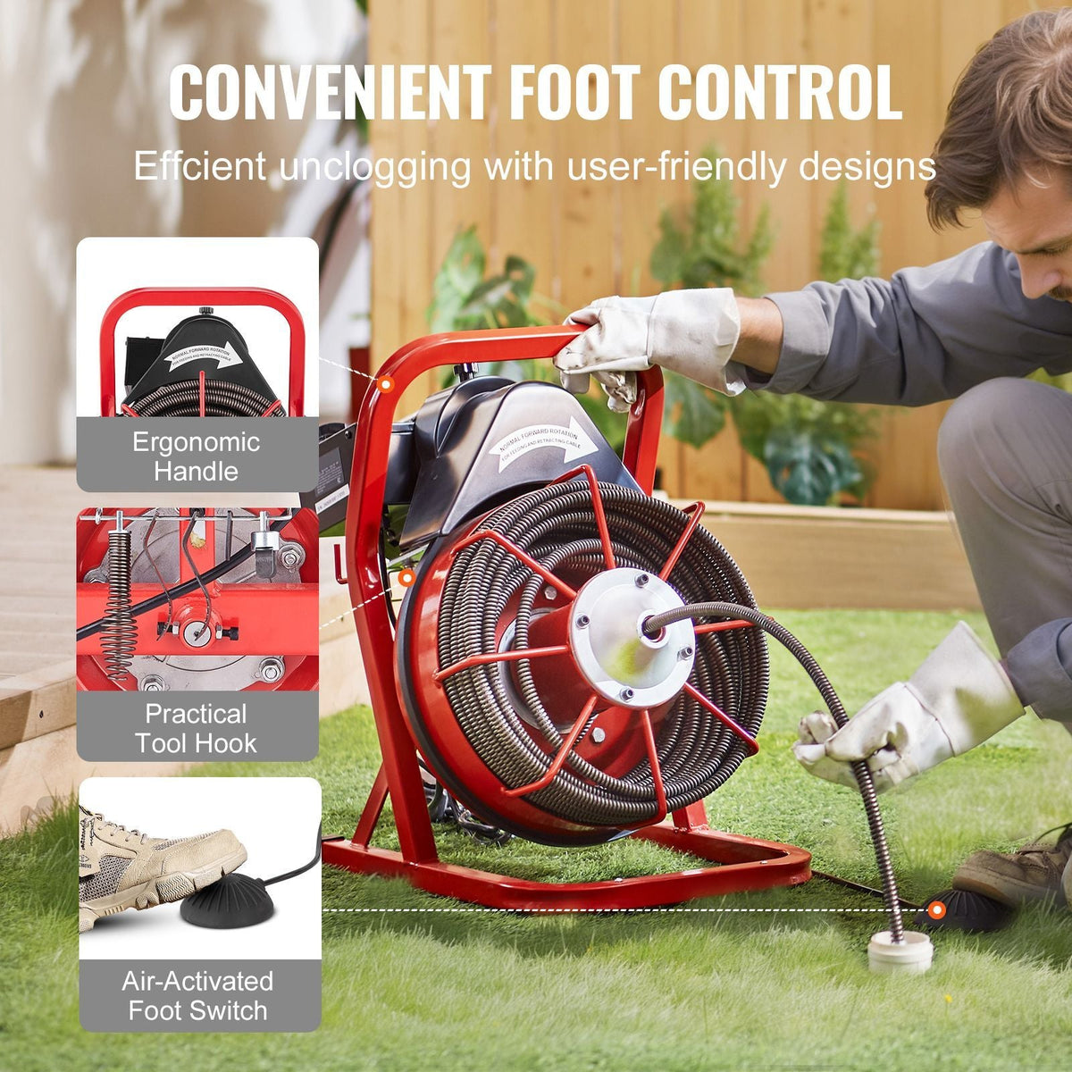 Drain Cleaner Machine 75FT x 1/2 Inch, Sewer Snake Auger Manual Feed, 370W Electric Drain Cleaning Machine with 4 Cutters & Air-activated Foot Switch for 2" to 4" Pipes