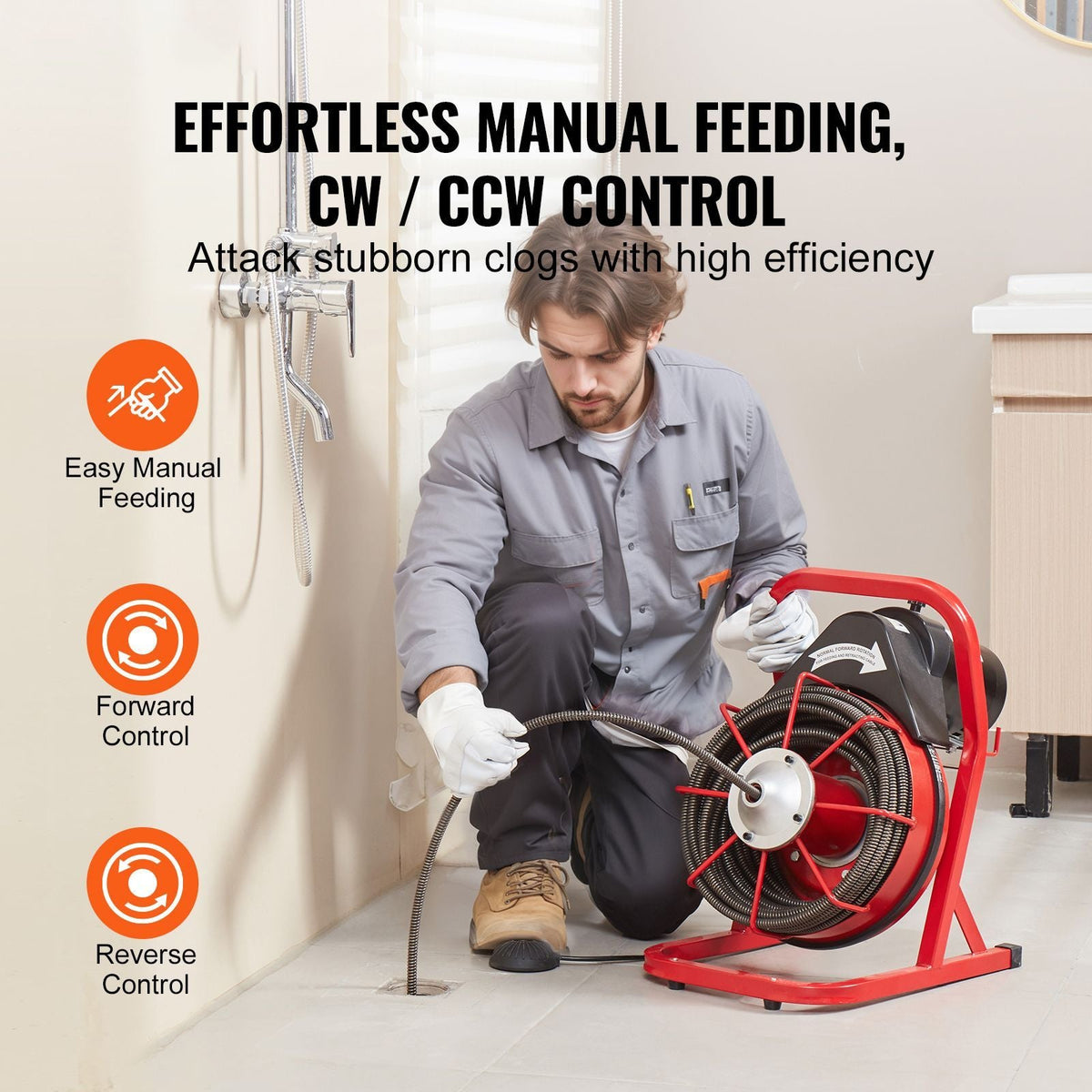 Drain Cleaner Machine 75FT x 1/2 Inch, Sewer Snake Auger Manual Feed, 370W Electric Drain Cleaning Machine with 4 Cutters & Air-activated Foot Switch for 2" to 4" Pipes