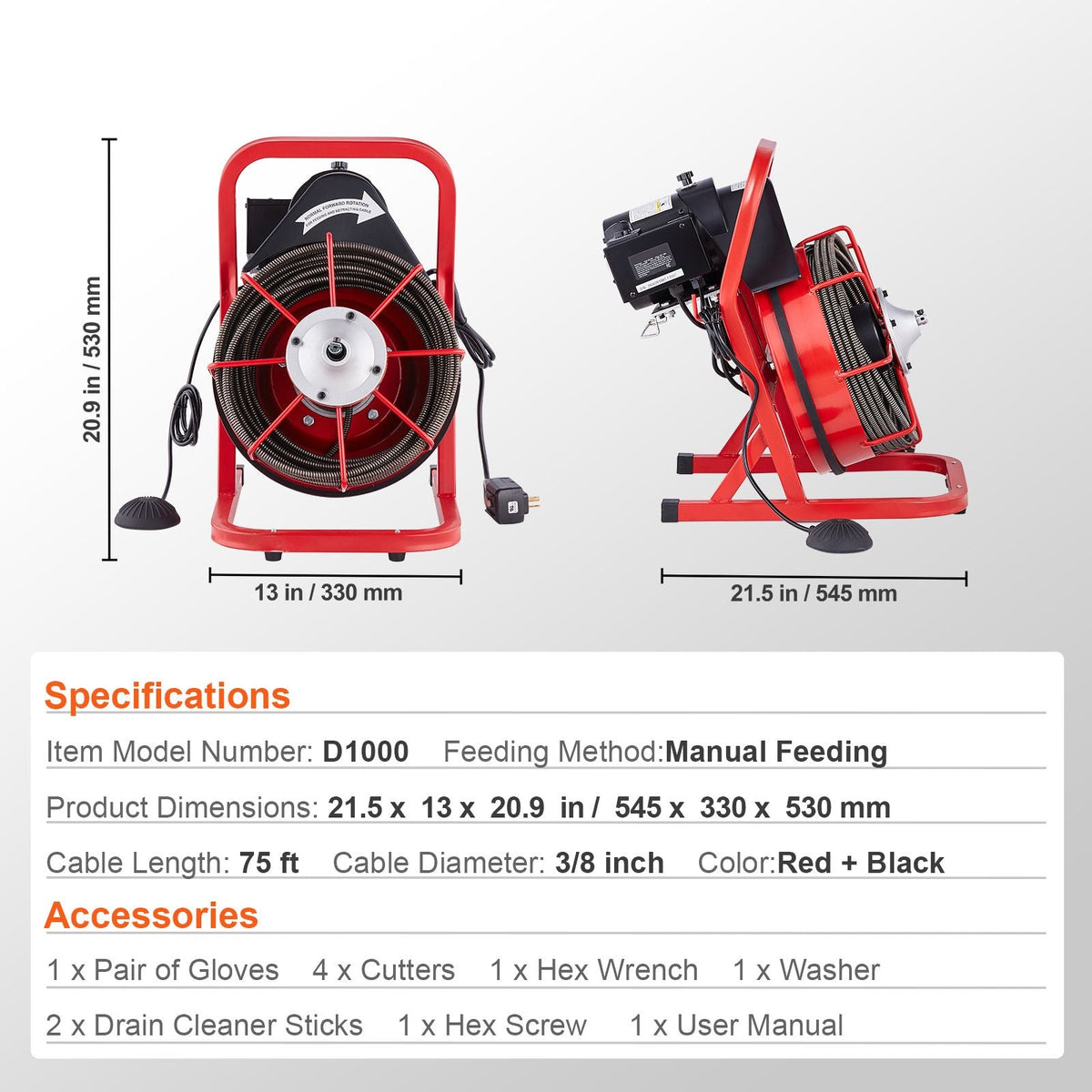 Drain Cleaner Machine 75FT x 3/8 Inch, Sewer Snake Auger Manual Feed, 250W Electric Drain Cleaning Machine with 4 Cutters & Air-activated Foot Switch for 2" to 4" Pipes