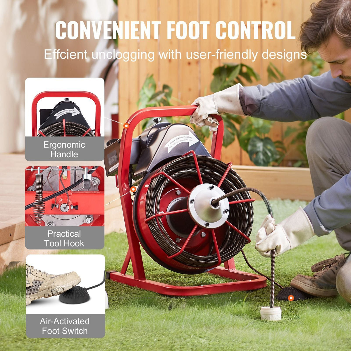 Drain Cleaner Machine 75FT x 3/8 Inch, Sewer Snake Auger Manual Feed, 250W Electric Drain Cleaning Machine with 4 Cutters & Air-activated Foot Switch for 2" to 4" Pipes