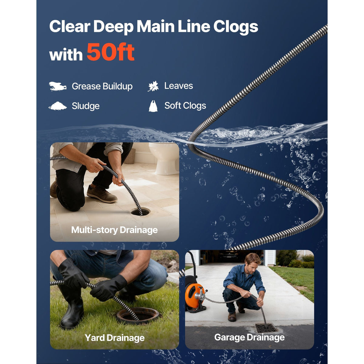 Drain Cleaning Cable 50 Feet x 3/8 Inch Solid Core Cable Sewer Cable Drain Auger Cable Cleaner Snake Clog Pipe Drain Cleaning Cable Sewer Drain Auger Snake Pipe